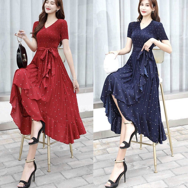 Đầm Dập Ly Chấm Bi Phối Bèo Cao cấp - HN909